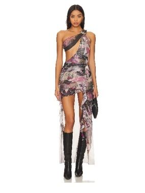 Jaded London One-Shoulder Multi Print Maxi Dress with Western Belt